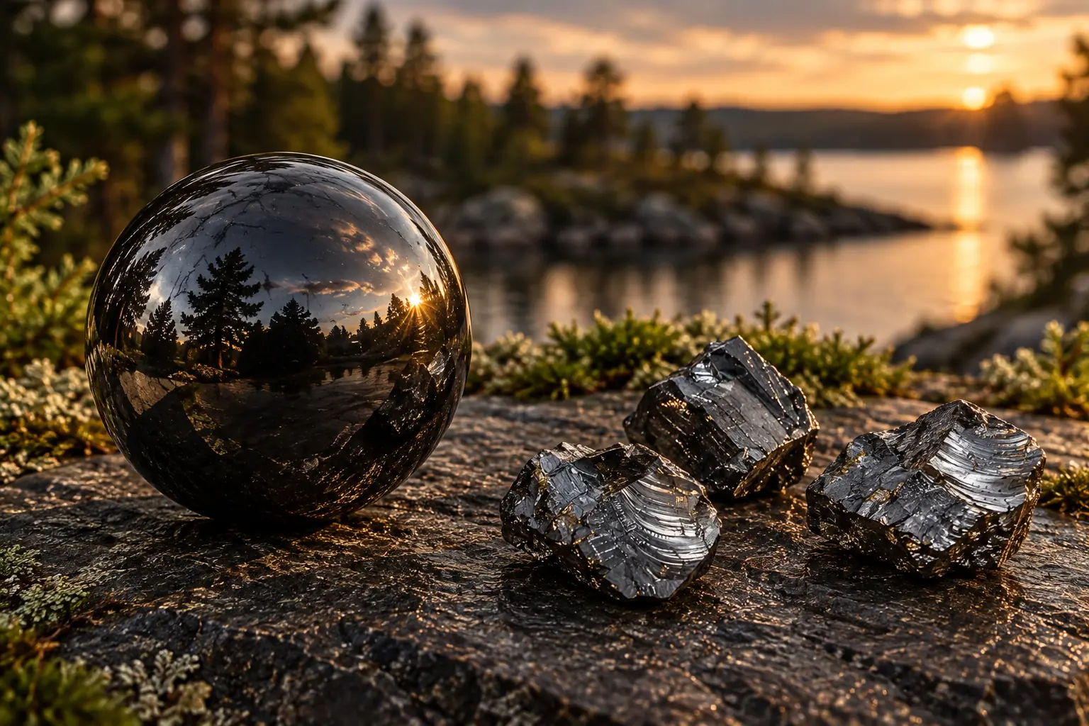 Sfera nera lucidata e frammenti grezzi di shungite Elite su una roccia