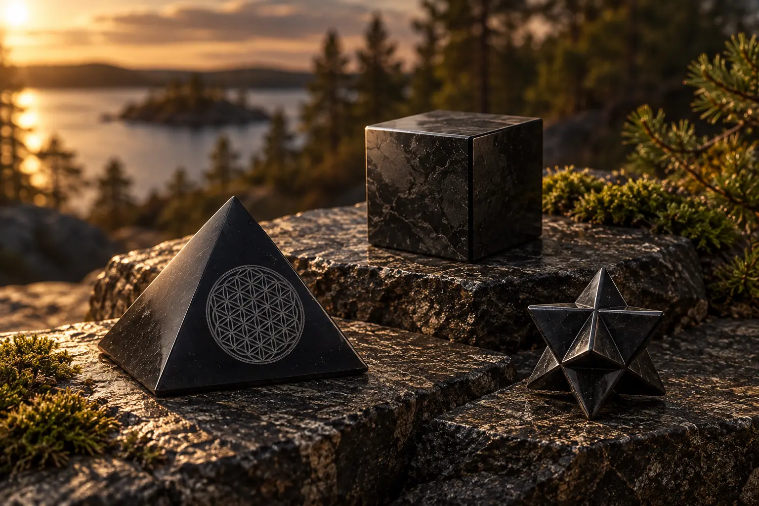 Piramide incisa, cubo e merkaba in shungite su piani di granito
