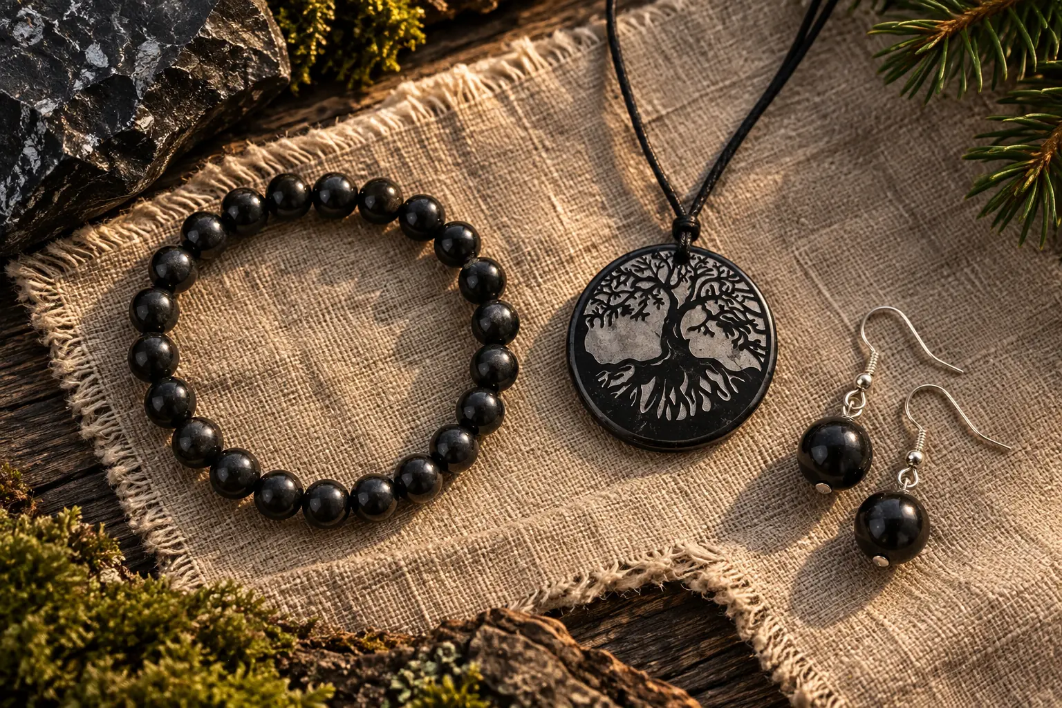 Bracciale, pendente e orecchini in shungite disposti su lino e legno