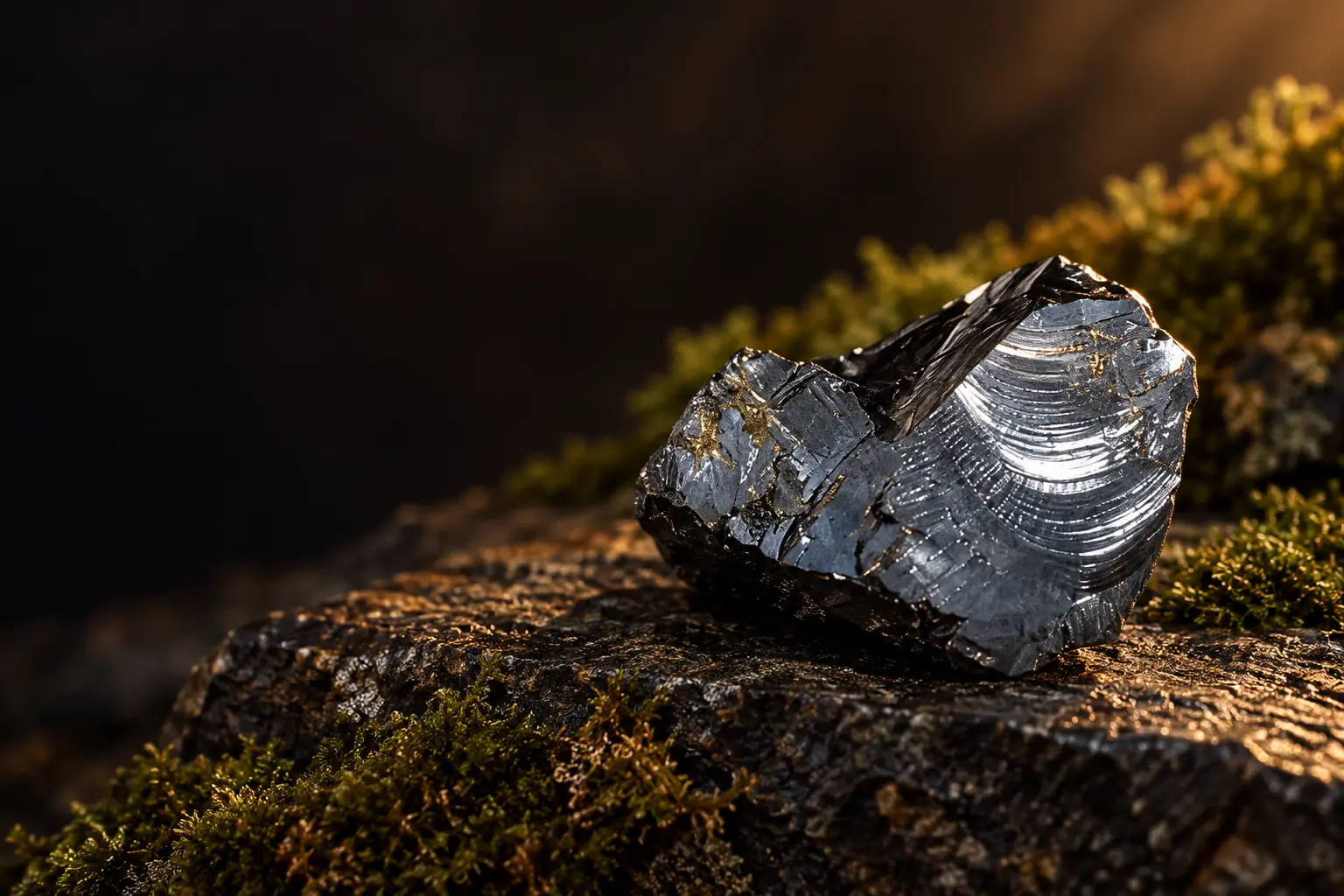 Frammenti di shungite Elite con riflessi metallici su sfondo scuro
