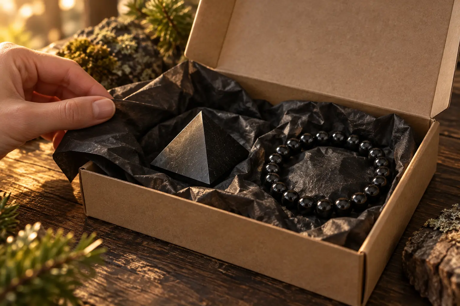 Mani che sistemano una piramide e un bracciale di shungite in una scatola di carta