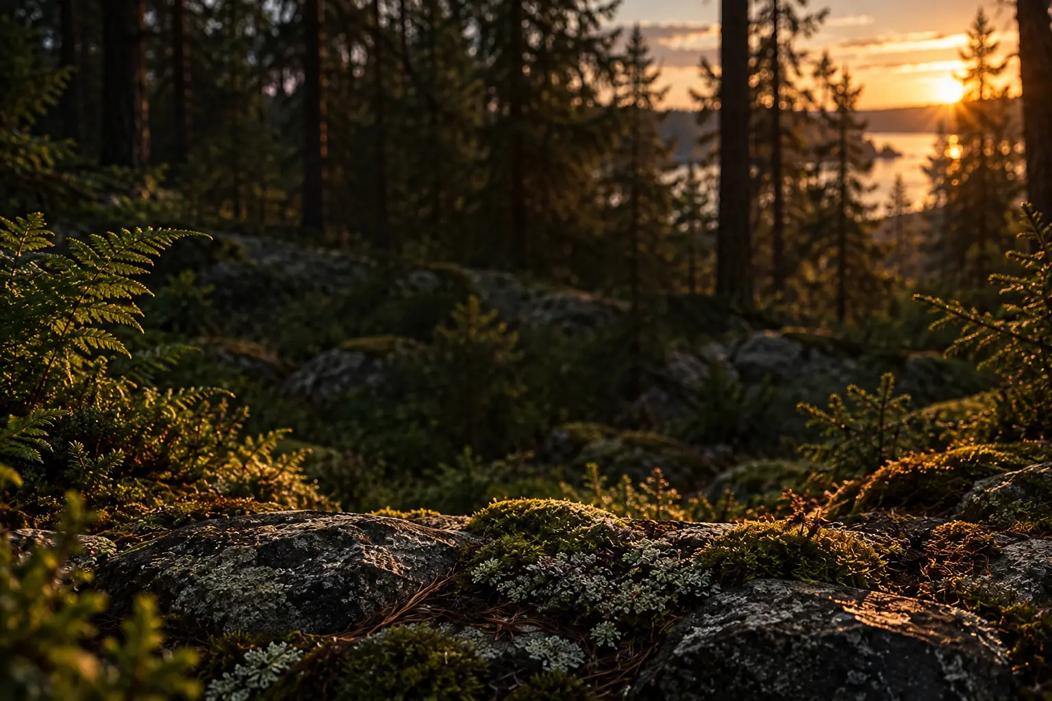 Felci e tronchi in un bosco della Carelia