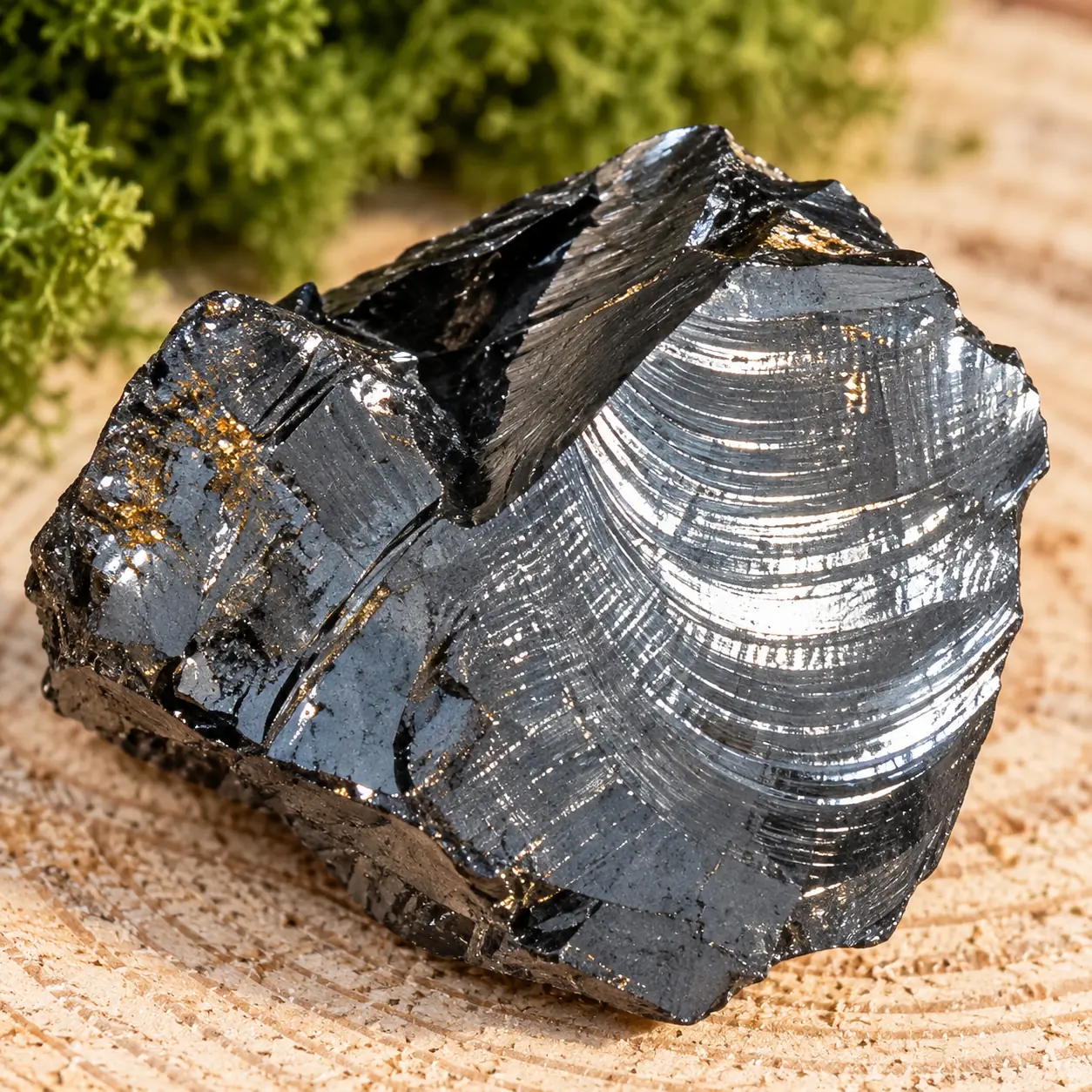 Superficie di un frammento di shungite Elite con riflessi metallici e venature dorate