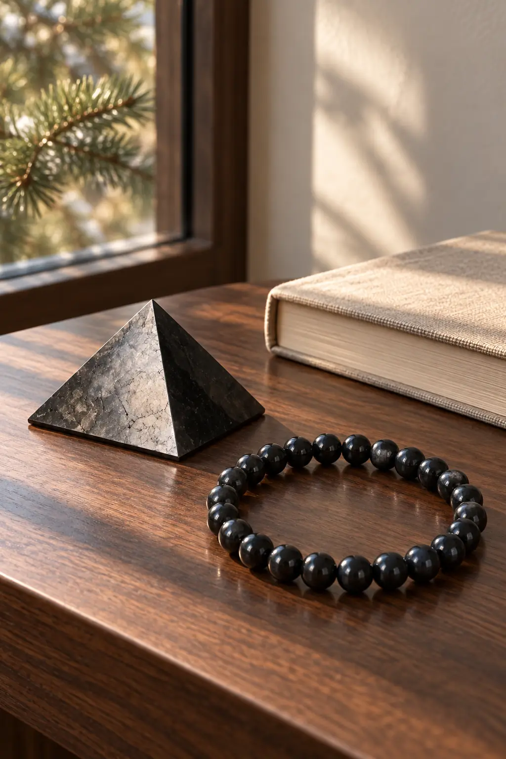 Piramide e bracciale in shungite su un tavolino in legno vicino a una finestra