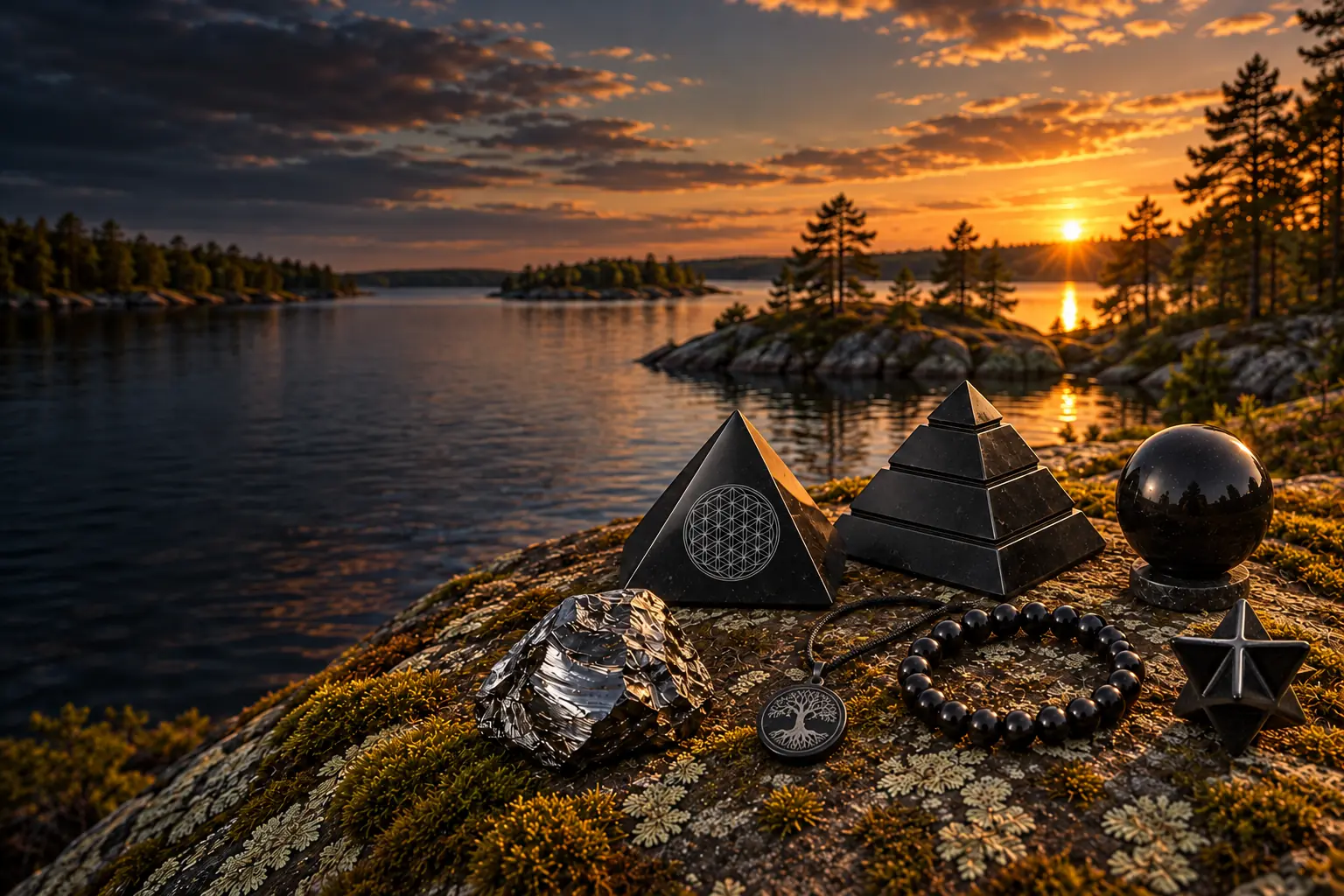 Piramidi, sfera, merkaba e gioielli di shungite su una riva della Carelia al tramonto