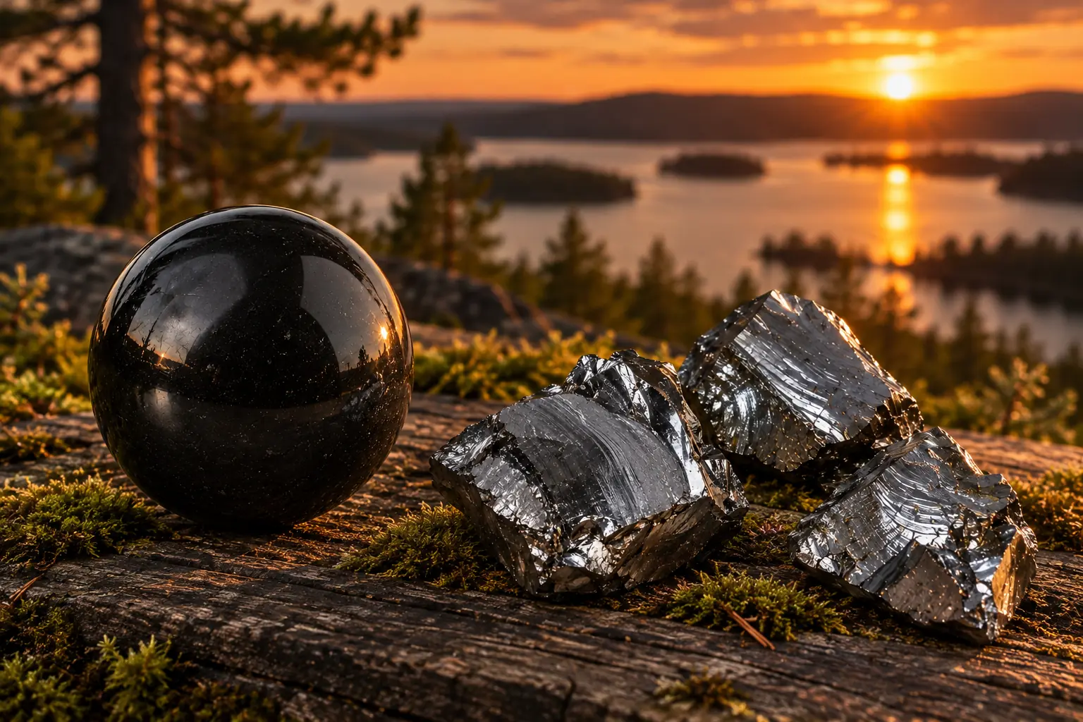 Sfera di shungite lucidata e frammenti di Elite su una roccia, davanti a un lago al tramonto