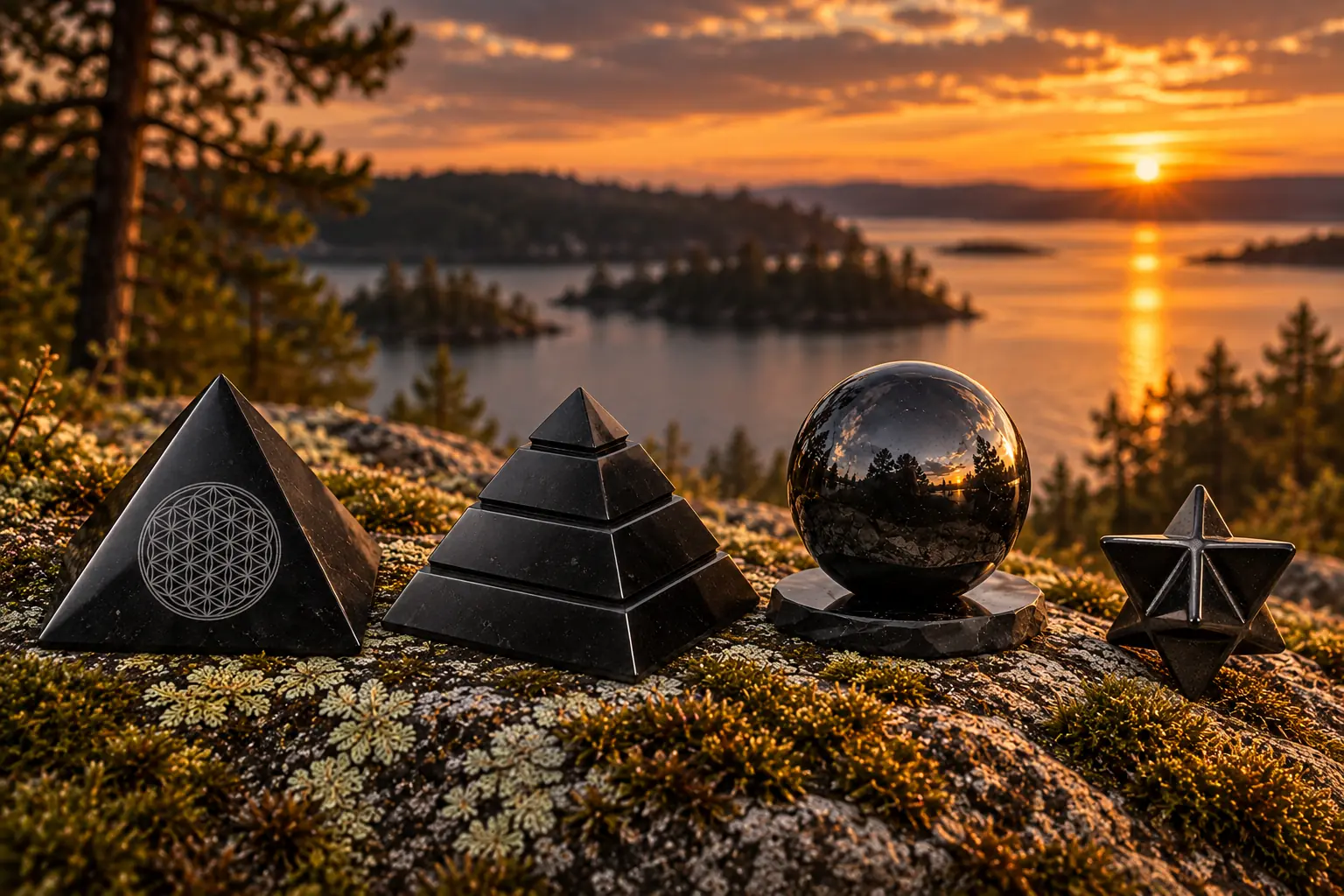 Piramidi, sfere e merkaba in shungite su una roccia col muschio