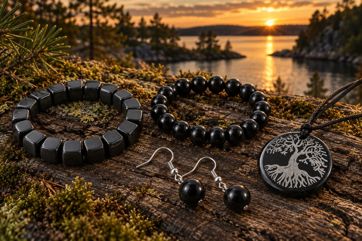Bracciali, pendenti e orecchini in shungite su una roccia col muschio