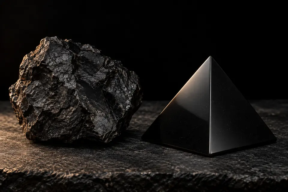 Un frammento grezzo e opaco di shungite accanto a una piramide lucidata