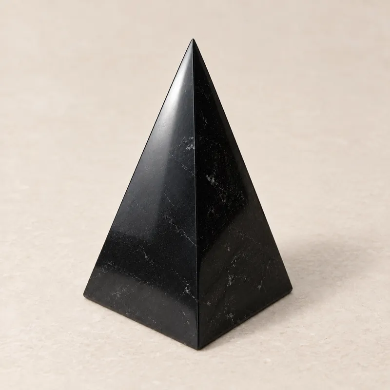 Piramide lucidata alta in shungite, su fondo chiaro