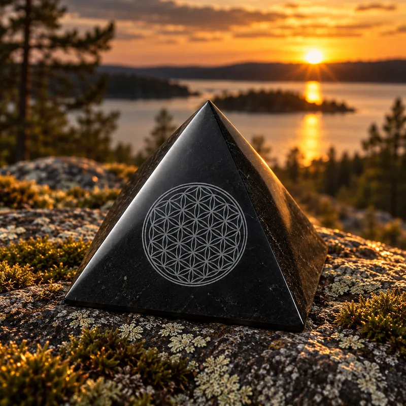 Piramide lucidata con Fiore della Vita inciso in shungite – ambientata