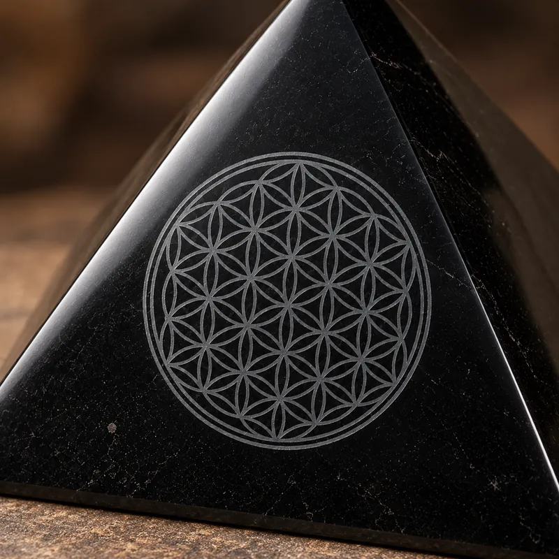 Piramide lucidata con Fiore della Vita inciso in shungite – dettaglio