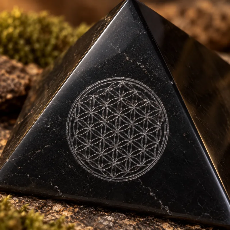 Piramide lucidata con Fiore della Vita inciso in shungite – altra foto