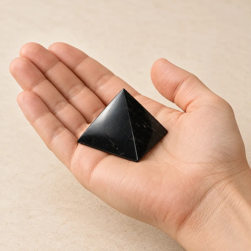 Piramide lucidata in shungite – in mano