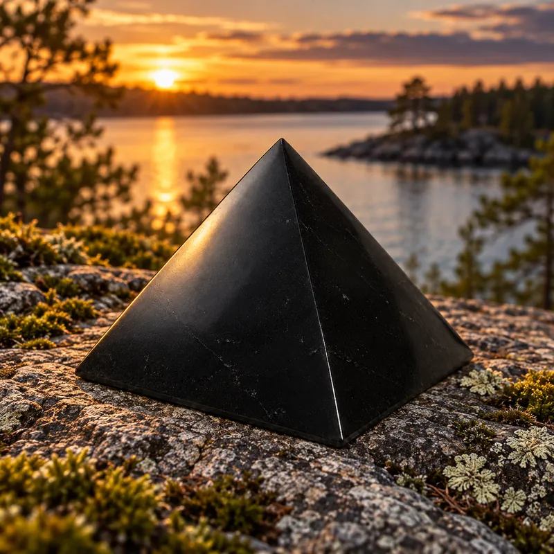 Piramide lucidata in shungite – ambientata